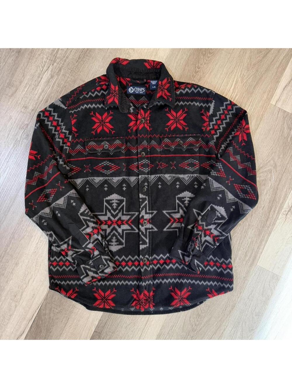 Chaps red/black aztec fleece button up shirt Size L #flannel